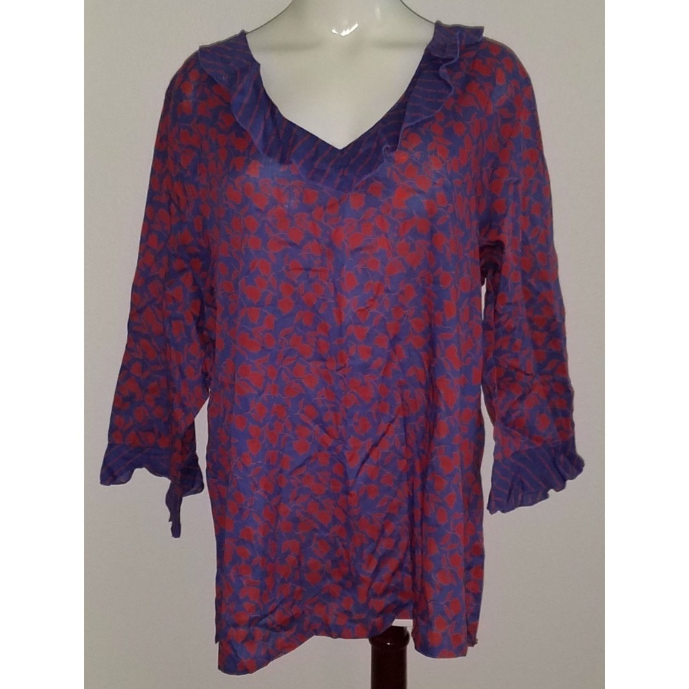 NWT Indira Cotton Shirt Top 3X Semi-Sheer Red Purple Floral Wrist/Neck Ruffle